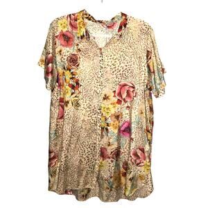 Johnny Was Hera Calia Silk Tunic Button Front Floral Animal Print Collared L NEW
